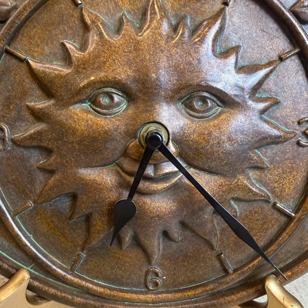 Bronze Sun Face Wall Clock & Thermometer Celestial Indoor/Outdoor Decor 11.5